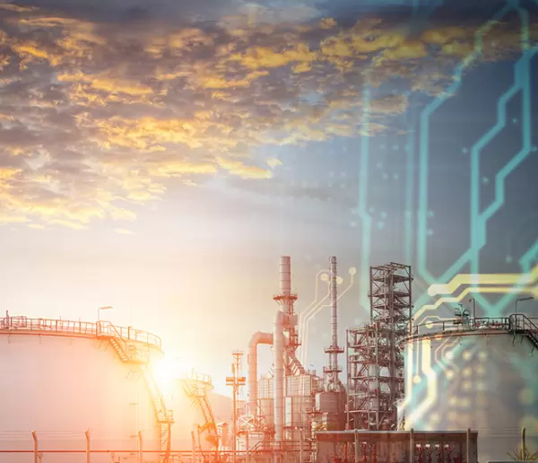 refinery with sunshine and clouds in background and digital lines overlay