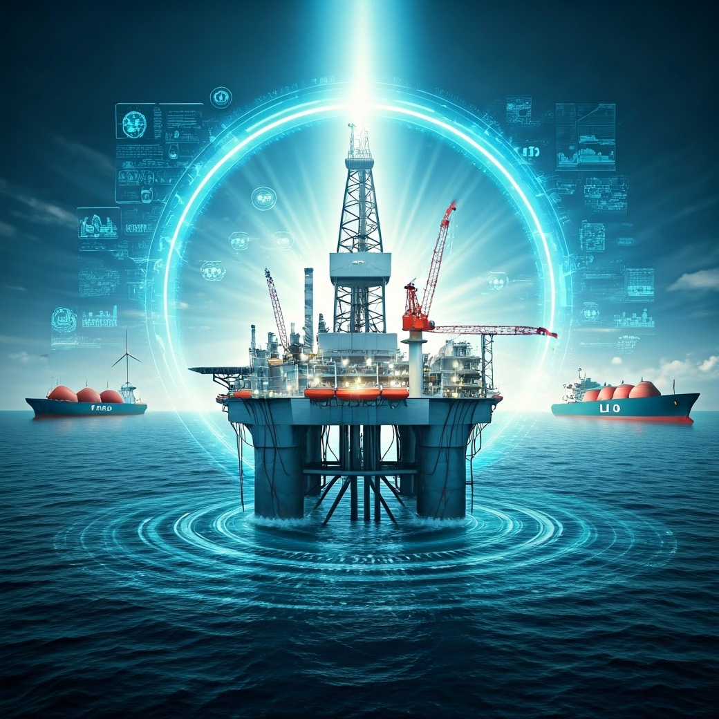 Futuristic oil rig with digital overlay