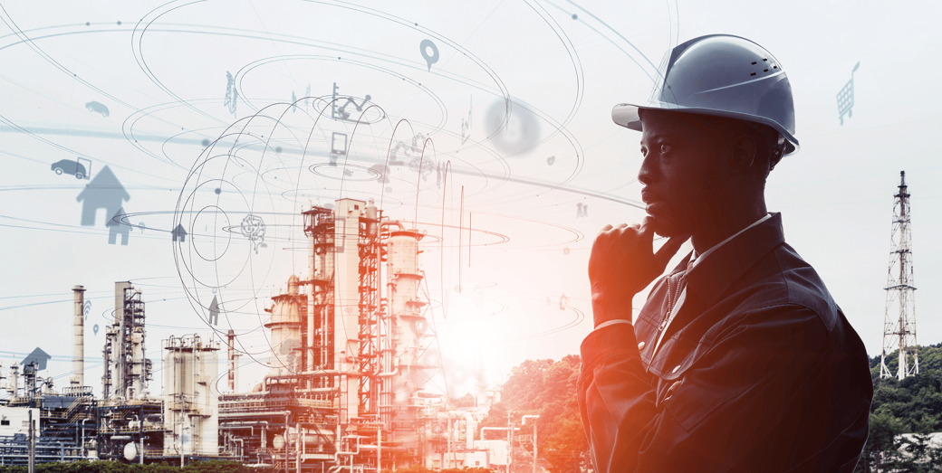 Industry 4.0 technology concept with man in hard hat